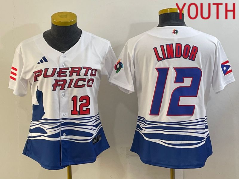 Youth 2023 World Cub Puerto Rico 12 Lindor White MLB Jersey9